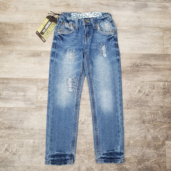 NWT Demolition Skinny Fit Jeans Kids Distressed Stitch Accent Slim Leg Size 5 - Picture 1 of 10
